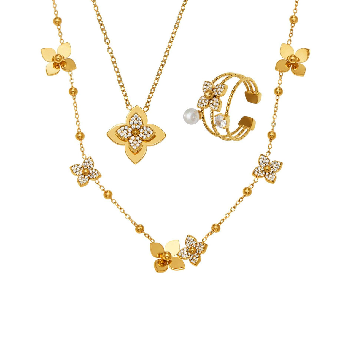 D관 - 스테인리스 스틸 큐빅 플라워 펜던트 목걸이 반지 [TXP489] 25.11-4