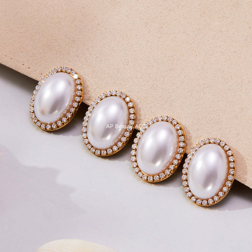 D관 - 스테인리스 18K 도금 타원형 자개진주 큐빅 귀걸이 [F793-F983] 25.10-5