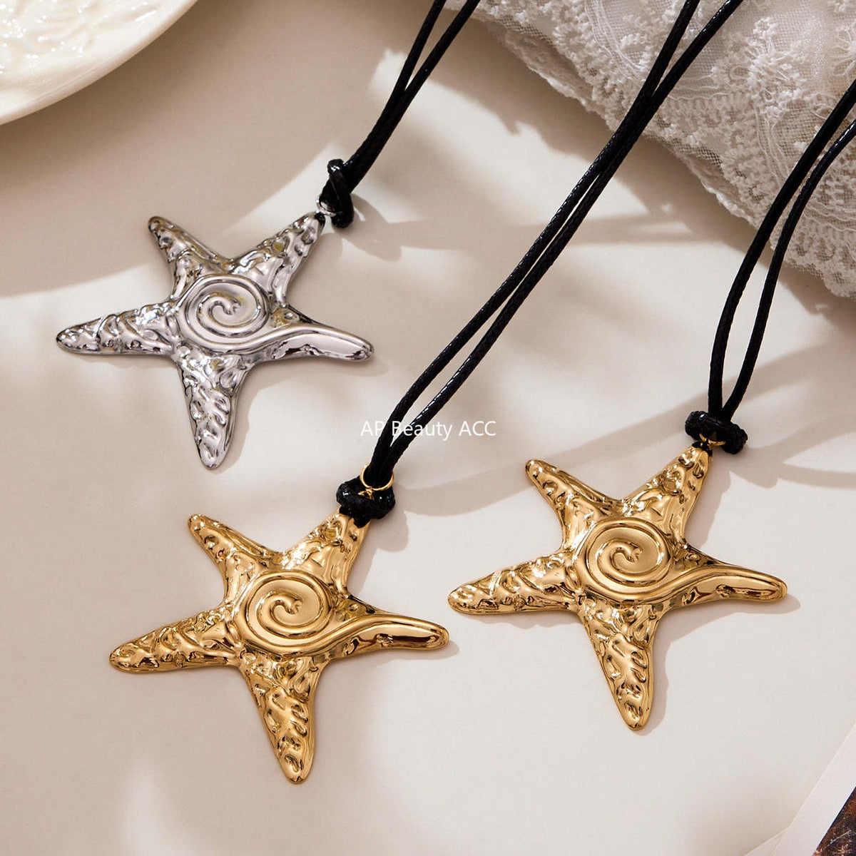 D관 - 18K 도금 스테인리스 스틸 블랙 스트랩 불가사리 펜던트 목걸이 [P1615] 25.10-4