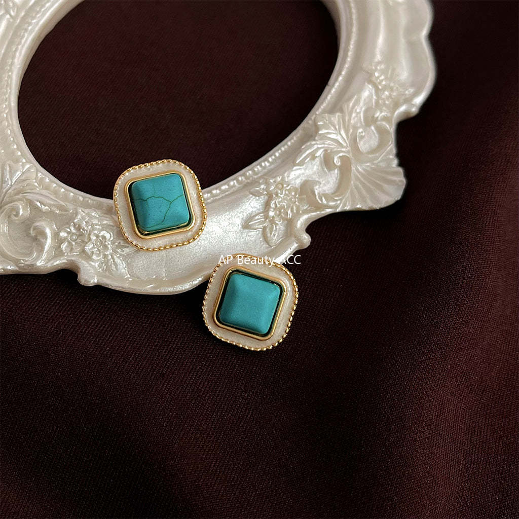 C관 - 합성 터키석 에나멜 사각형 기하학 14K 도금 복고풍 귀걸이 [4309] 24.07-1