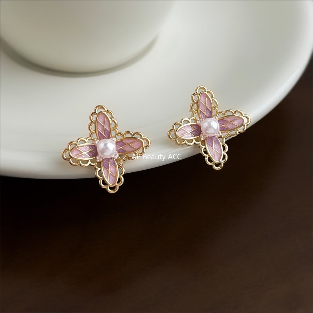 C관 - 925 은침 핑크 레이스 플라워 진주 귀걸이 [6864] 25.10-1