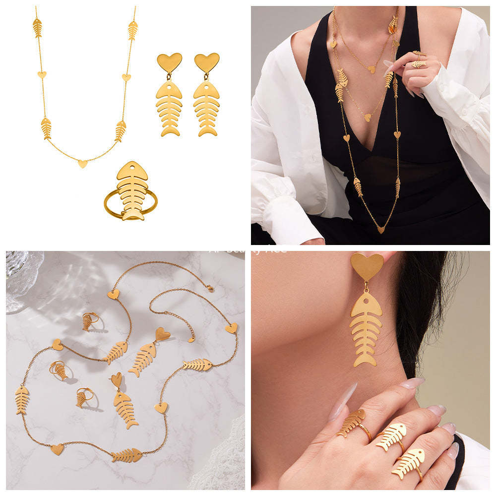 D관 - 스테인리스 18K 도금 물고기뼈 하트 디자인 목걸이 귀걸이 반지 [TXP459] 25.10-5