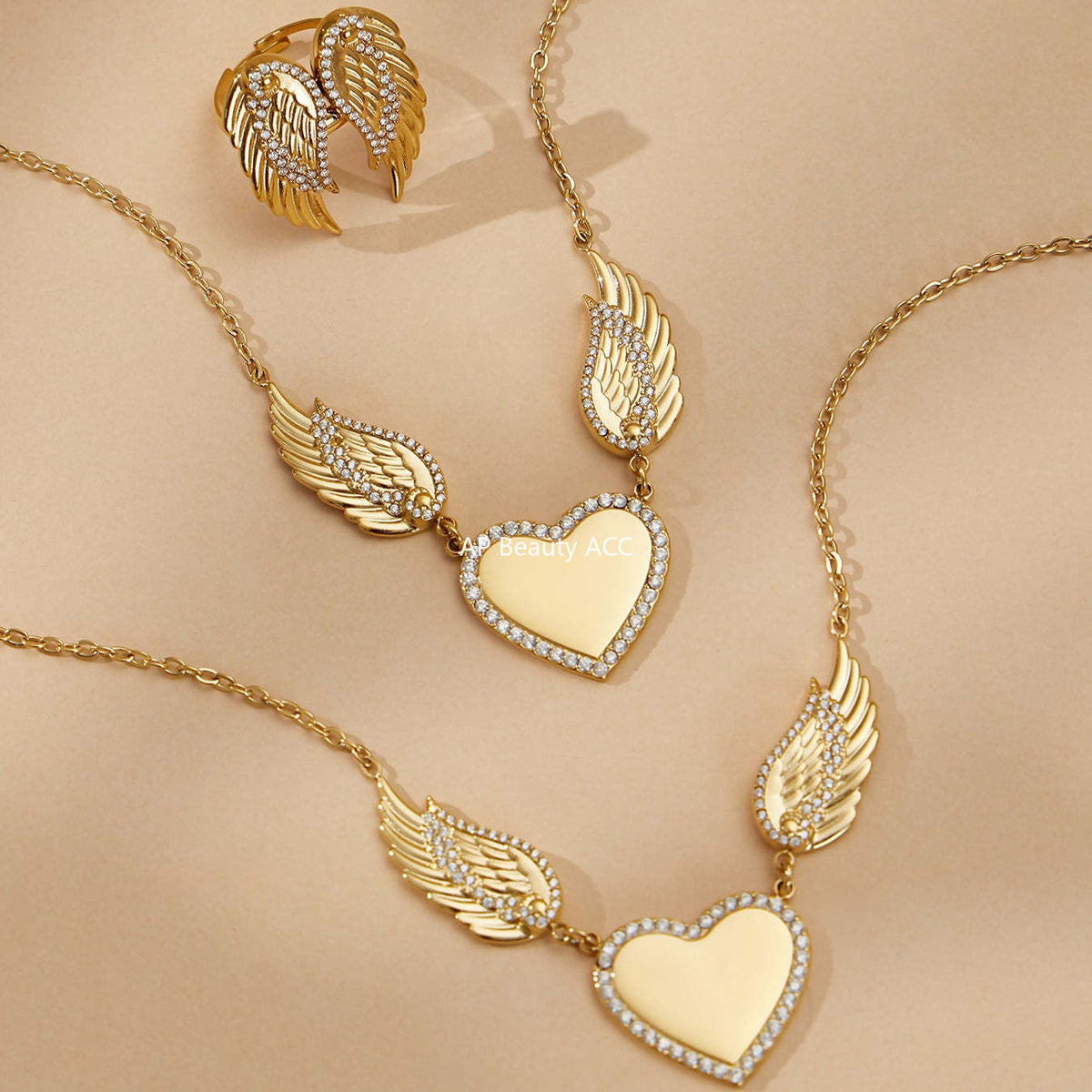 D관 - 스테인리스 스틸 18K 도금 큐빅 하트 날개 펜던트 목걸이 반지 [TXP523] 25.12-3