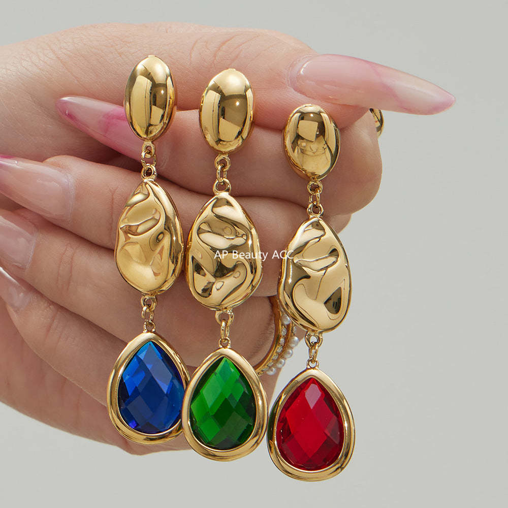 D관 - 스테인리스 스틸 물방울 컷팅 글라스 스톤 18K도금 드롭 귀걸이 [F764] 25.12-1