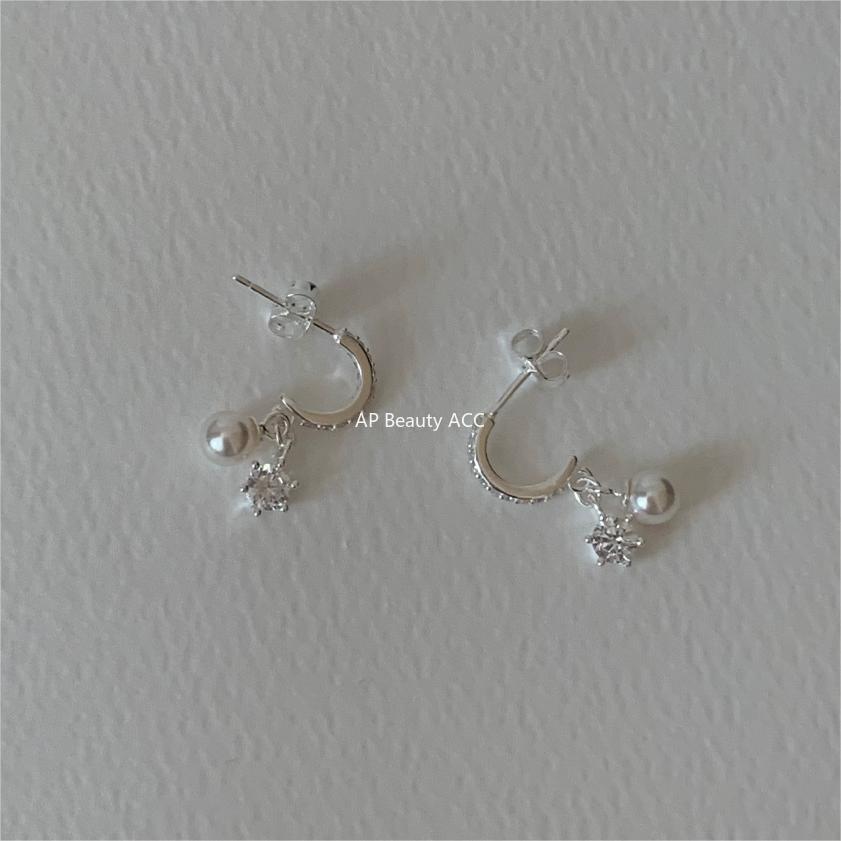 F관 - 925 실버 6프롱 큐빅 진주 스터드형 귀걸이 [C1197] 25.01-1