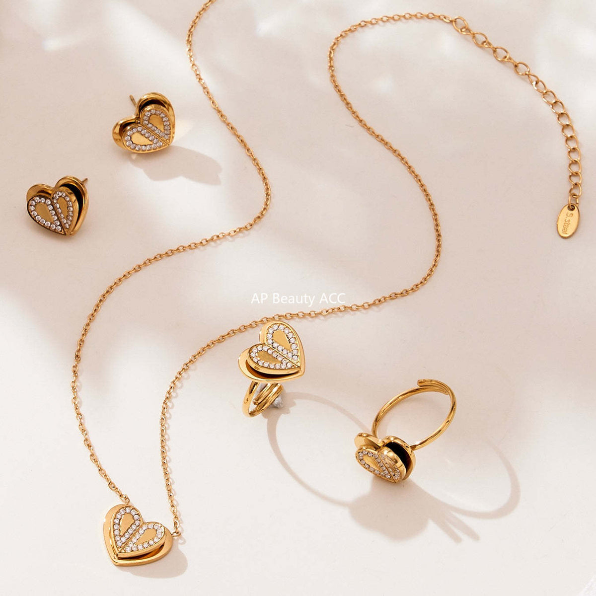 D관 - 18K 도금 스테인리스 스틸 큐빅 더블 하트 반지 귀걸이 목걸이 [TXP446] 25.10-4
