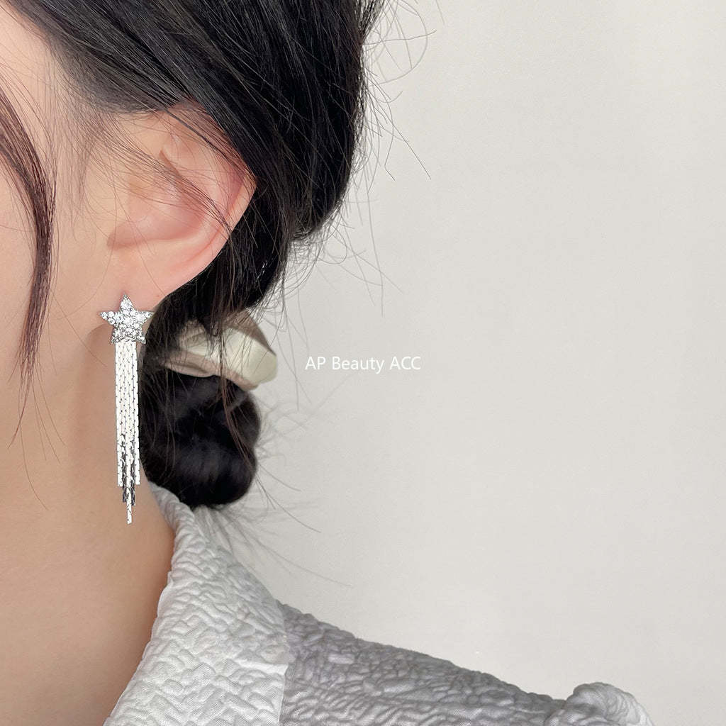 C관 - 미니 큐빅 오각별 긴 백금 도금 은침 귀걸이 [3918] 24.05-3