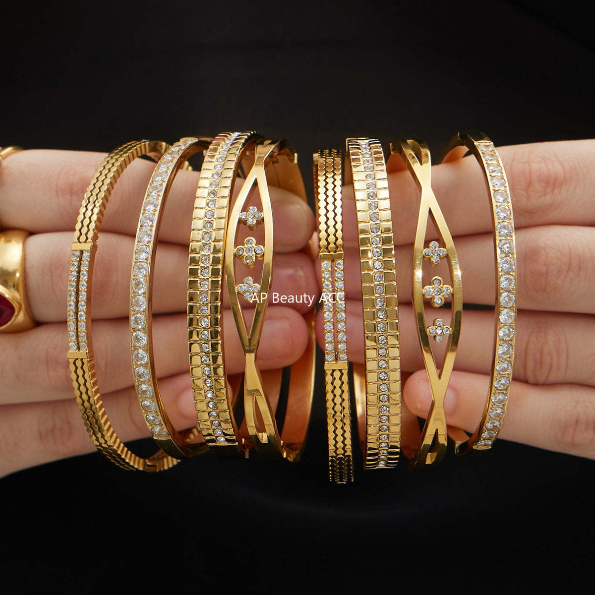 D관 - 큐빅 라인 18K 도금 스테인리스 스틸 뱅글 팔찌 [Z512-15] 25.12-2