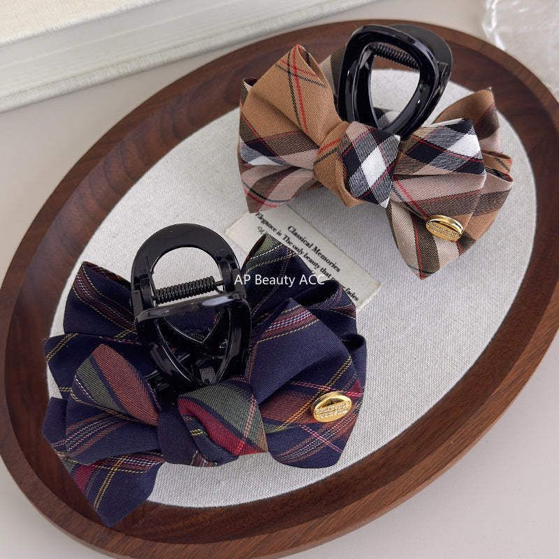 E관 - 브리티시 빈티지 체크 리본 패브릭 집게핀 [27564] 25.10-3