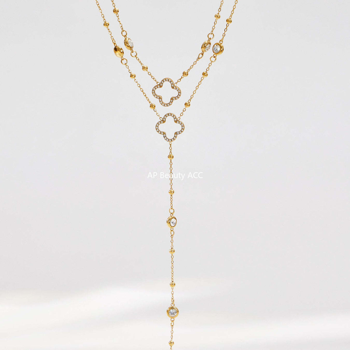 D관 - 스테인리스 스틸 18K 도금 클로버 큐빅 Y자 목걸이 [P664] 25.12-3