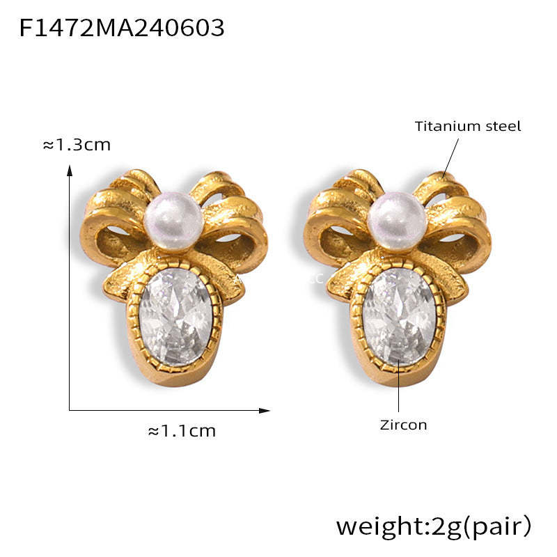 D관 - 티타늄 스틸 18K 도금 자개 큐빅 포인트 리본 디자인 귀걸이 [F1472] 24.06-1