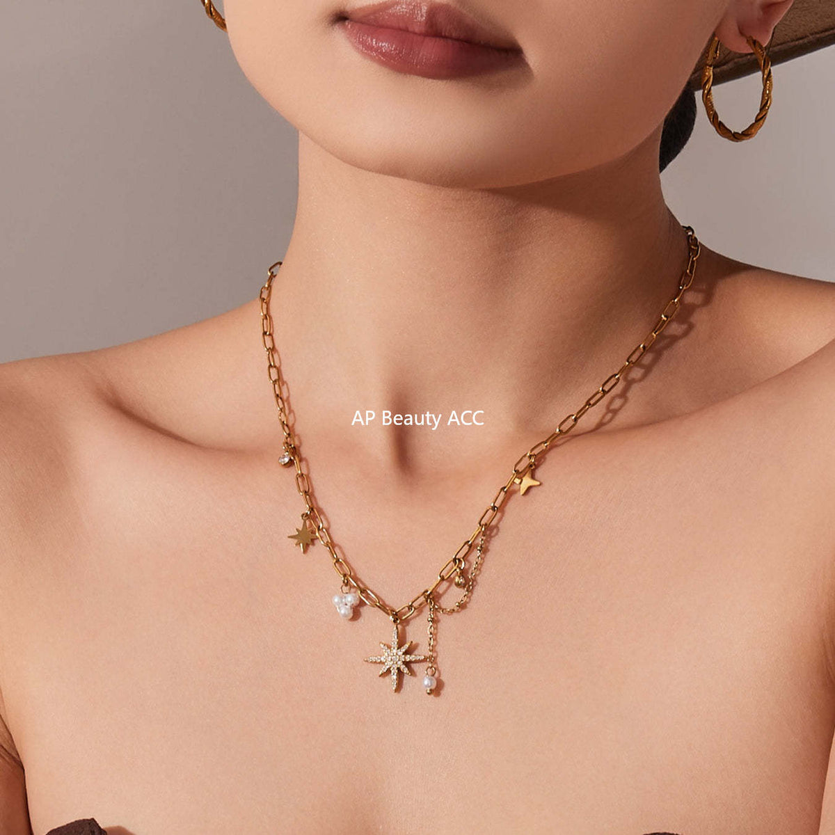 D관 - 스테인리스 스틸 팔각별 큐빅 펜던트 18K 도금 핸드메이드 목걸이 [P1154] 25.11-4