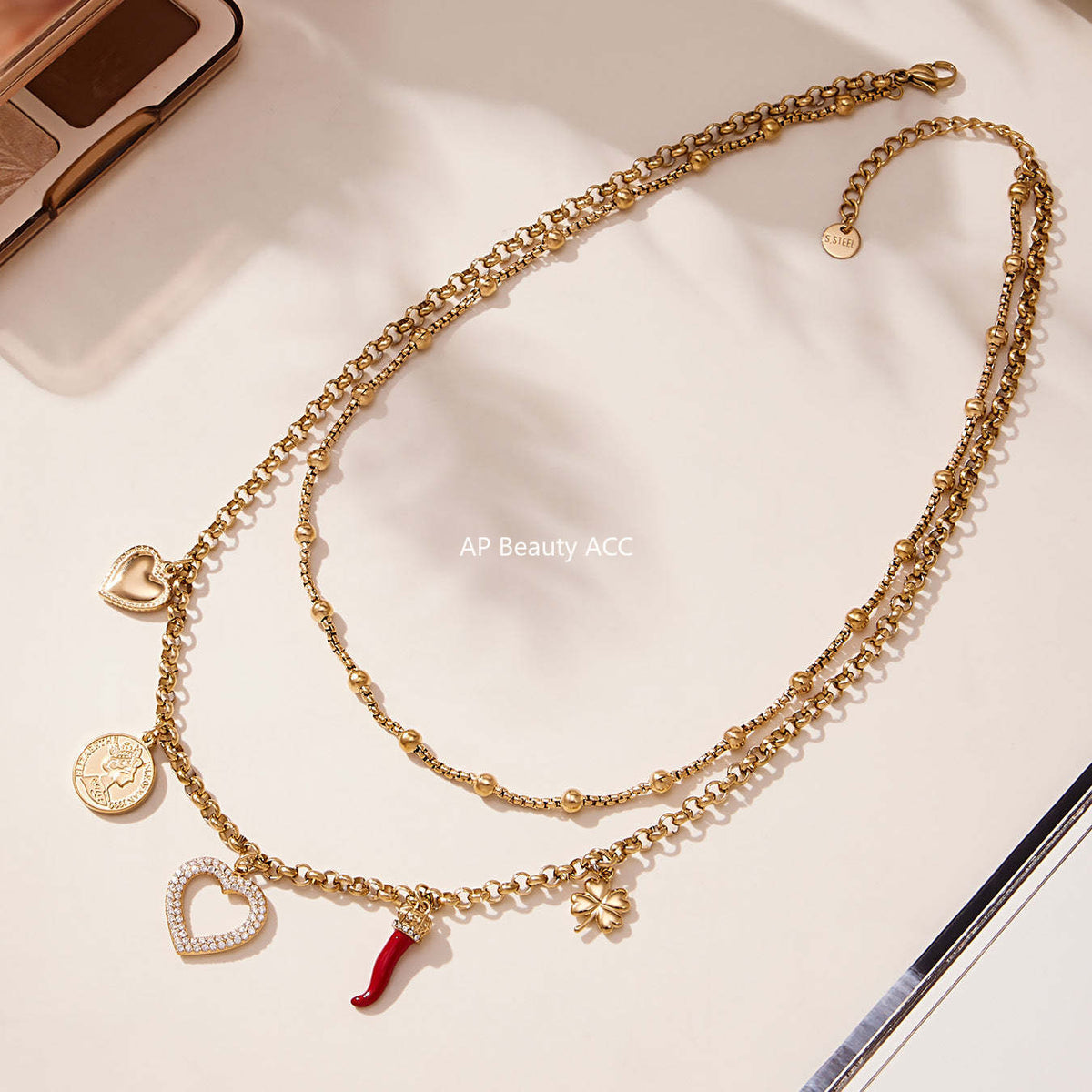 D관 - 더블 레이어 하트 큐빅 멀티 펜던트 스테인리스 목걸이 [P170] 25.11-3