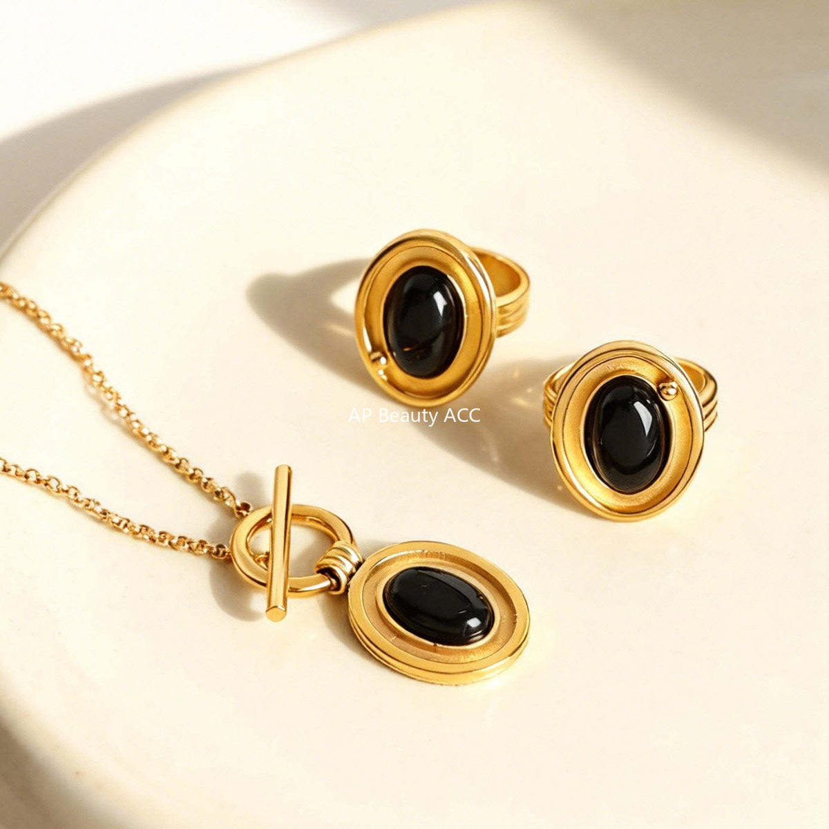 D관 - 오닉스 펜던트 OT 고리 18K 도금 스테인리스 스틸 목걸이 반지 [P1889] 25.12-2