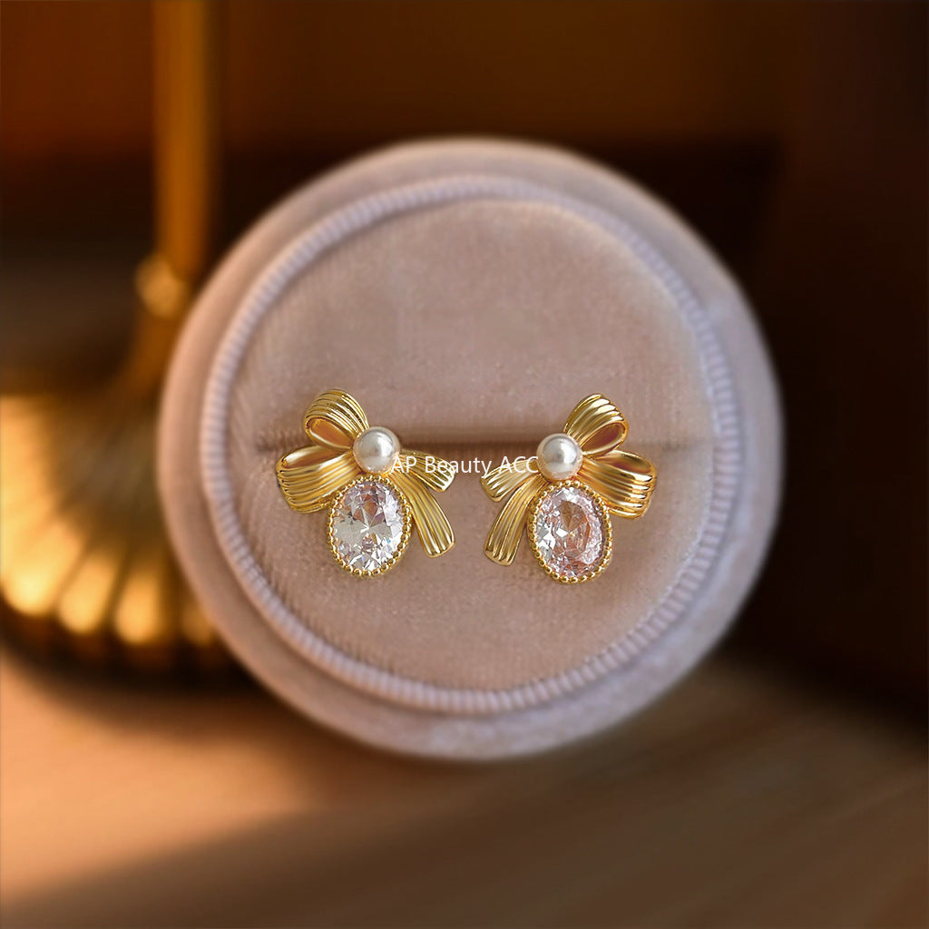 C관 - 925 은침 진주 큐빅 리본 귀걸이 [6913] 25.10-2