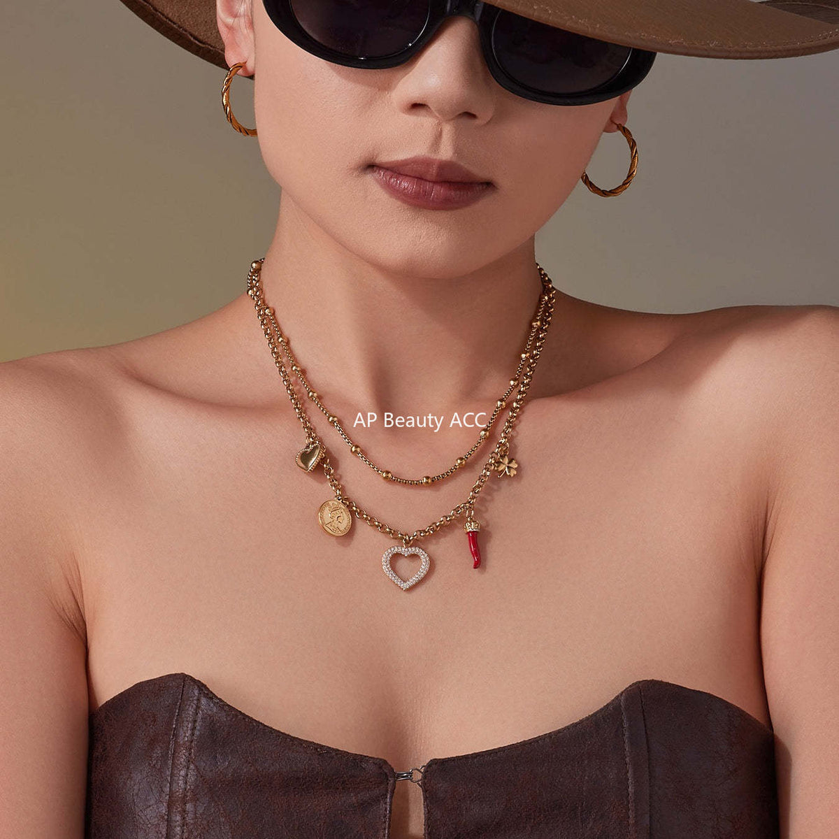 D관 - 더블 레이어 하트 큐빅 멀티 펜던트 스테인리스 목걸이 [P170] 25.11-3