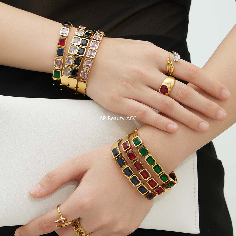 D관 - 사각 글라스 스톤 18K 도금 스테인리스 스틸 팔찌 [Z518] 25.12-2