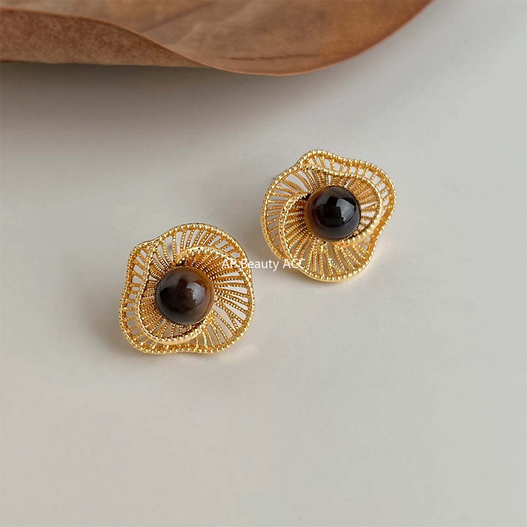 C관 - 호안석 천연석 플라워 디자인 925 은침 귀걸이 [6976] 25.10-5