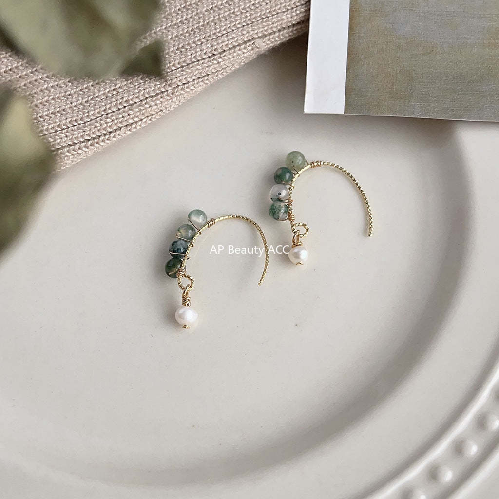 C관 - 천연석 녹색 수초 숲 속 스타일 14K 도금 은침 귀걸이 [3909] 24.05-1