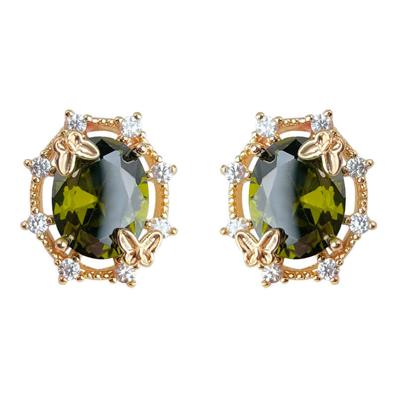 C관 - 14K 도금 925 은침 올리브 그린 큐빅 나비 귀걸이 [5586] 25.02-3