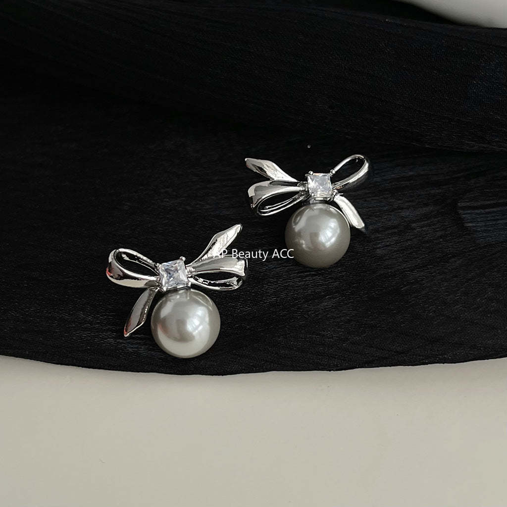 C관 - 글라스 진주 큐빅 나비 14K 도금 리본 심플 귀걸이 [4489-4490] 24.07-3