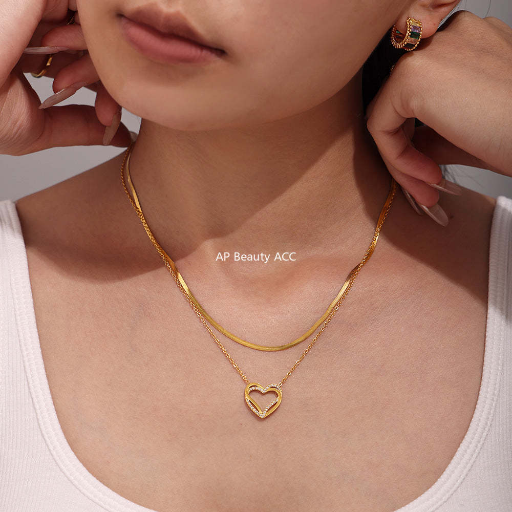 D관 - 하트 큐빅 세팅 유니크 달콤한 PVD 18K 도금 더블 레이어 목걸이 팔찌 [TXP172-TXE172-P1694] 24.11-1