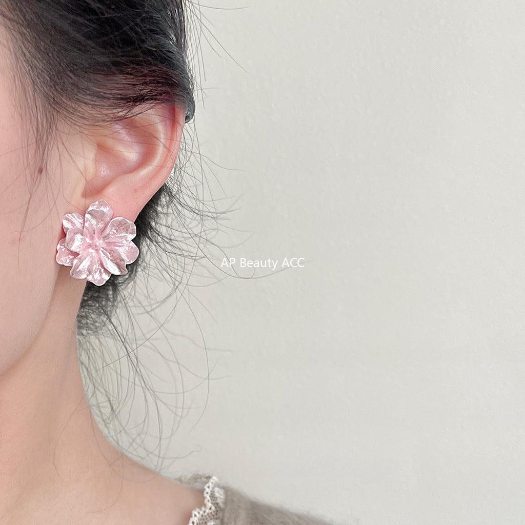 C관 - 핑크 소녀 감성 레진 플라워 디자인 은침 귀걸이 [3633] 24.03-4