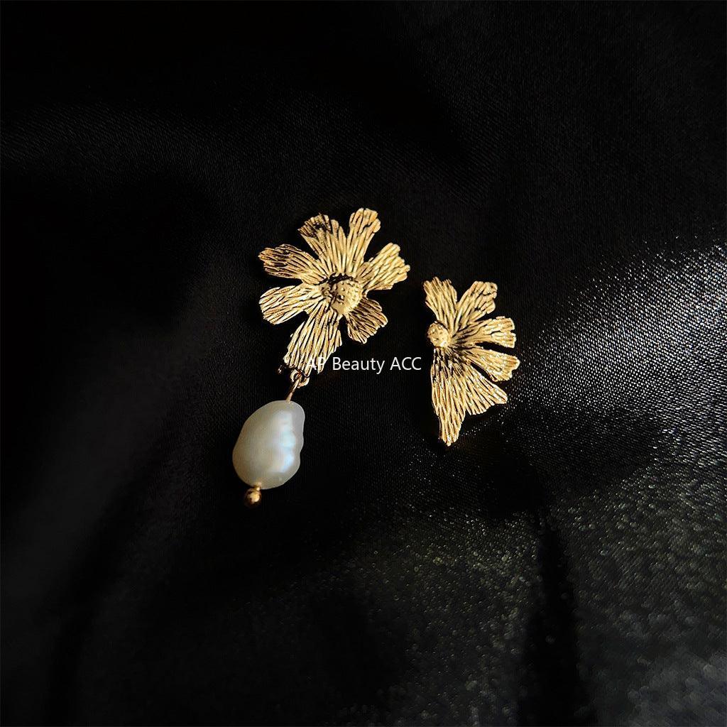 C관 - 14K 도금 프렌치 복고풍 비정형 담수 진주 꽃 은침 귀걸이 [3685] 24.03-4