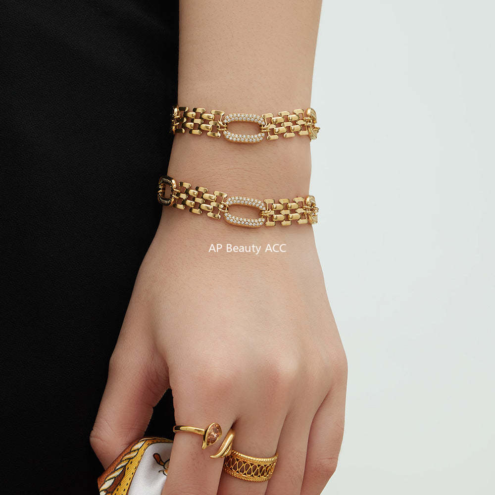 D관 - 스테인리스 스틸 18K 도금 큐빅 체인 팔찌 [E301] 25.12-3