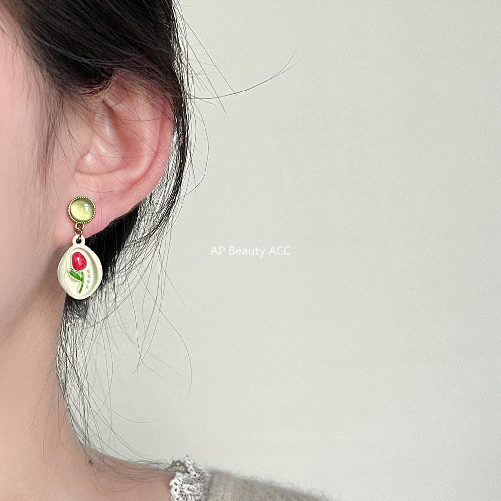 C관 - 14K 도금 봄 여름 튤립 유리 묘안석 에나멜 귀걸이 [3673-3674] 24.03-4