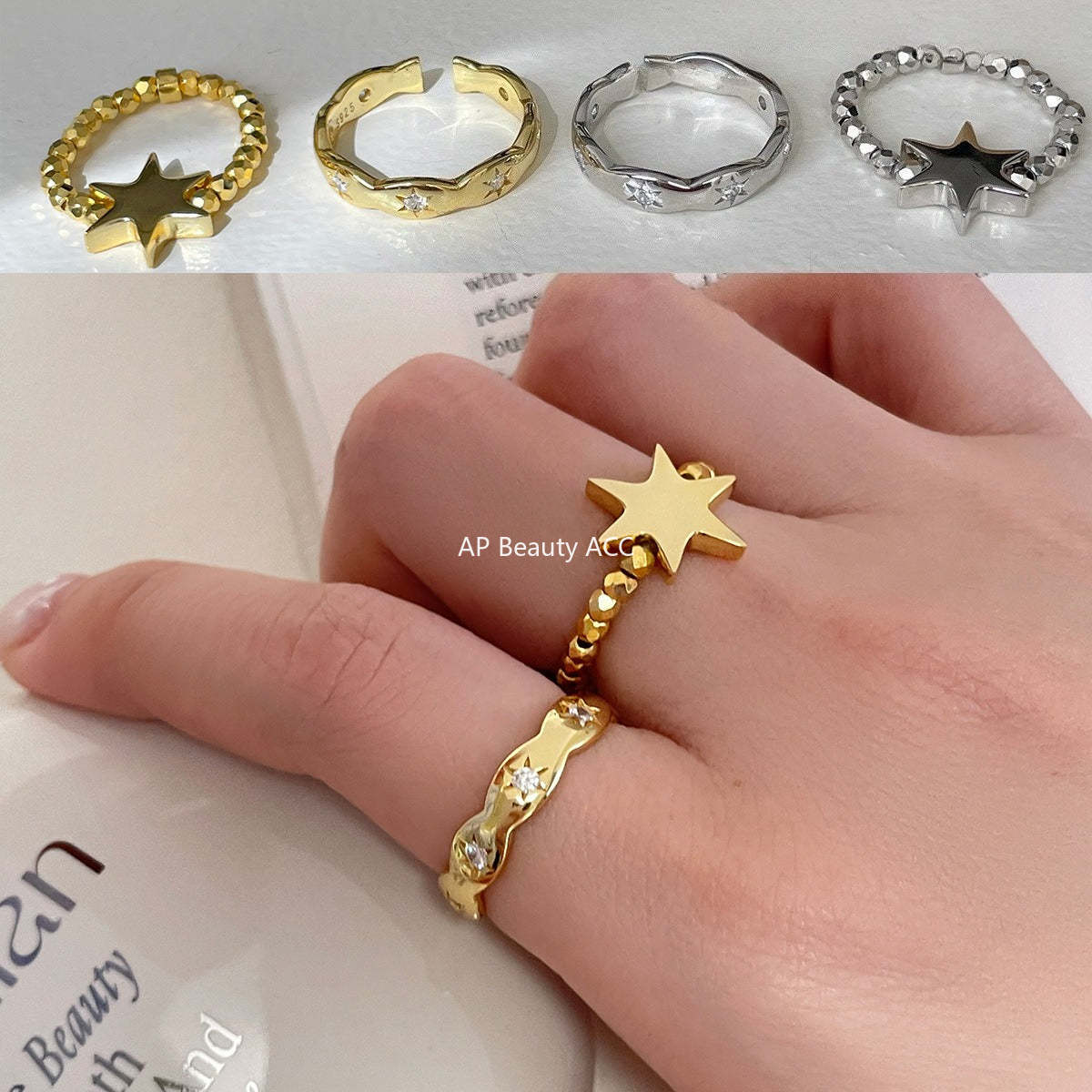 A관 - 925 실버 오각별 큐빅 오픈형 비즈줄 반지 [JZ-0709] 25.09-4