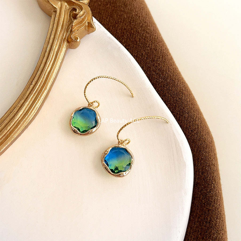 C관 - 14K 도금 프렌치 복고풍 그라데이션 유리 크리스탈 기하학 귀걸이 [4184] 24.05-5