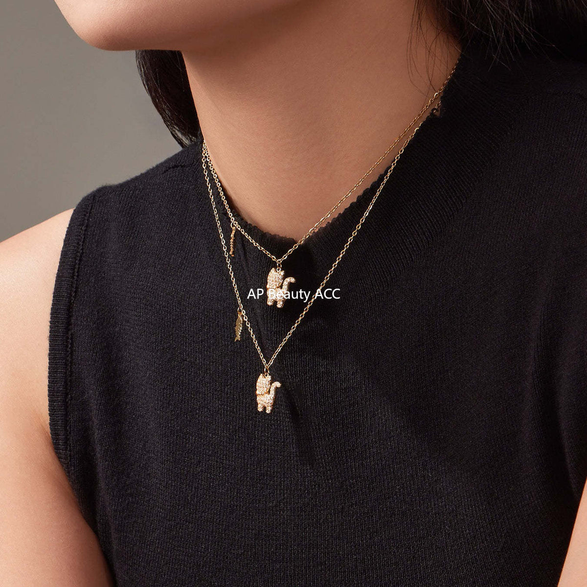 D관 - 고양이 큐빅 펜던트 스테인리스 18K 도금 목걸이 팔찌 [TXP464] 25.11-3