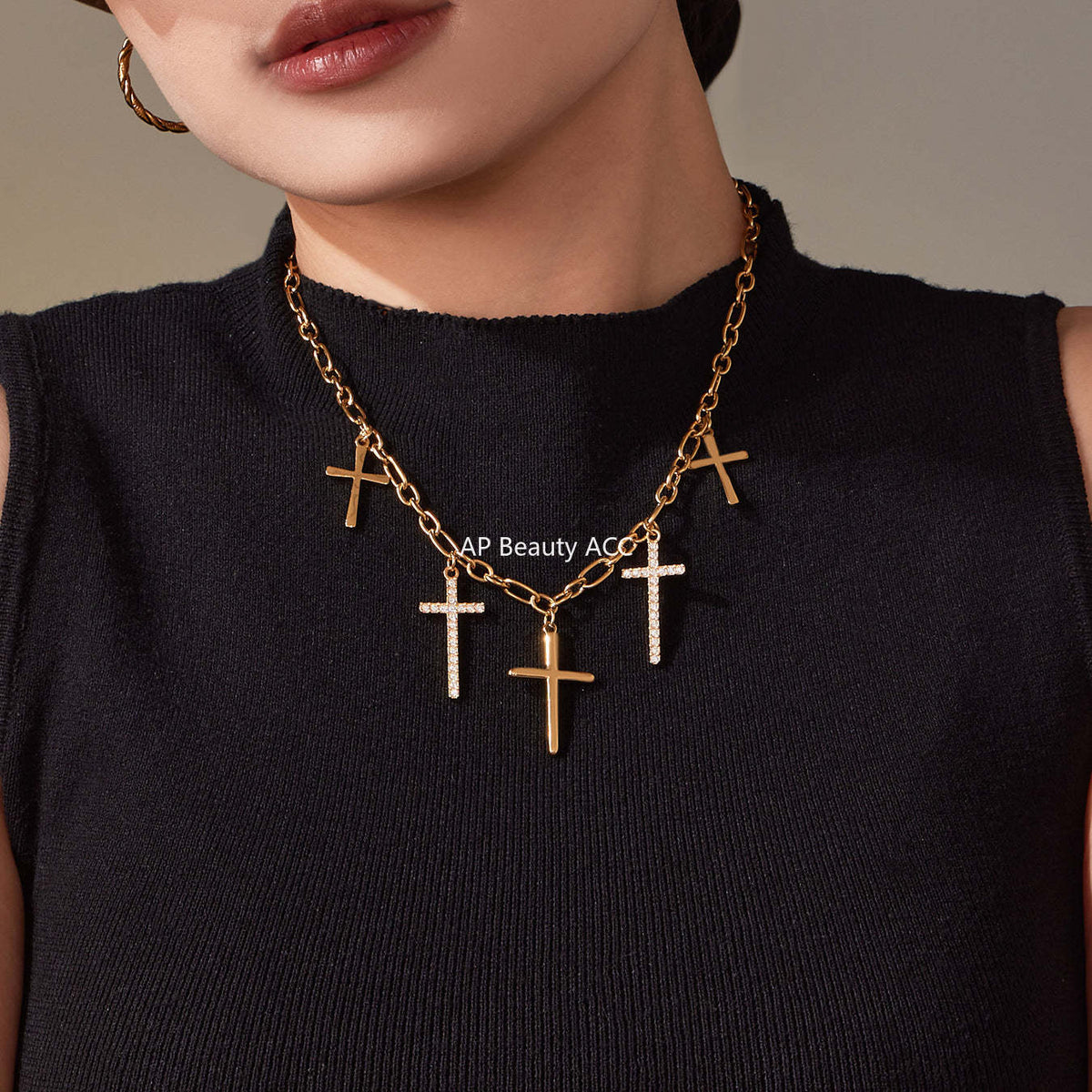 D관 - 큐빅 십자가 스테인리스 18K 도금 목걸이 [P1346] 25.11-3