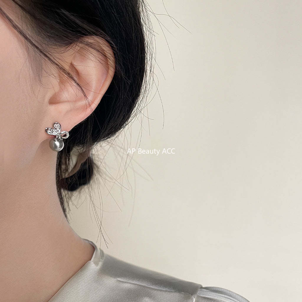 C관 - 고급스러운 글라스 진주 나비 은침 귀걸이 [3968] 24.05-5