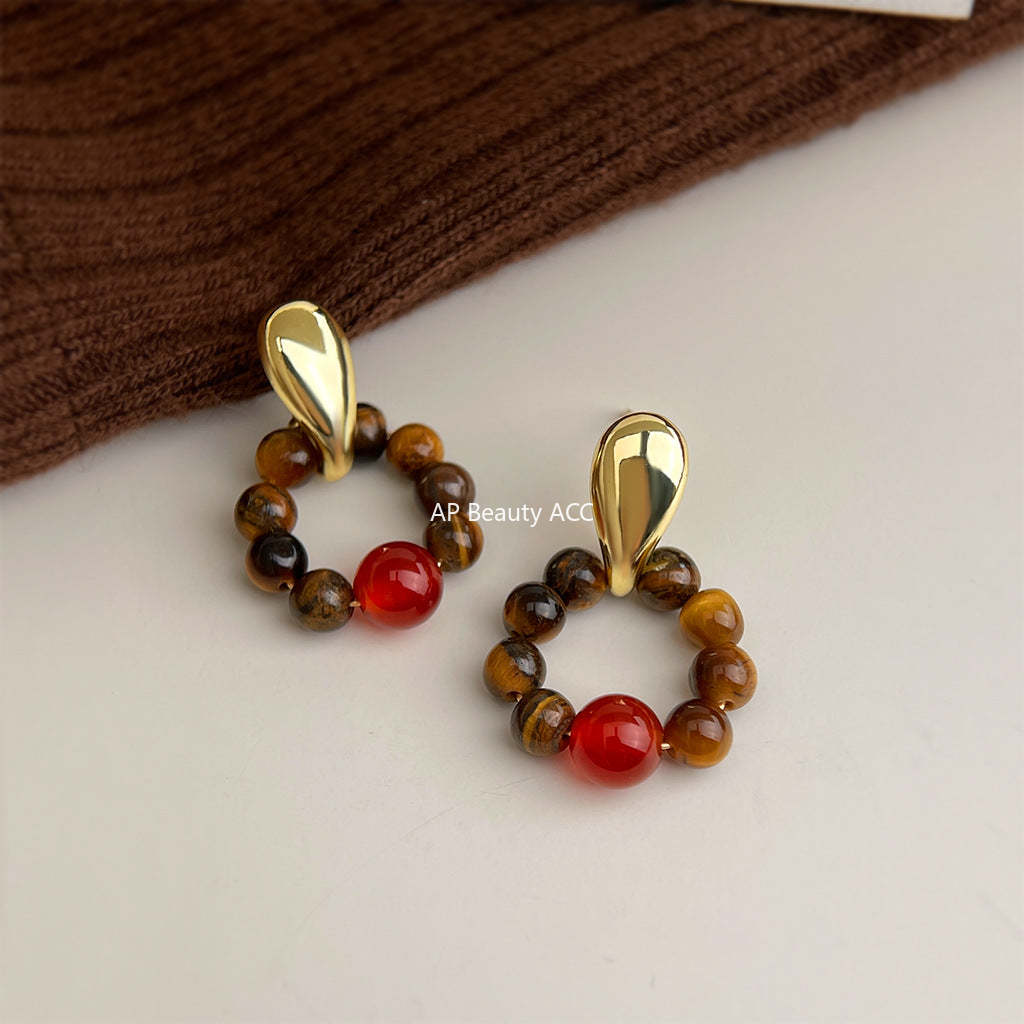 C관 - 천연 호안석 홍마노 원형 귀걸이 [7230] 25.12-3