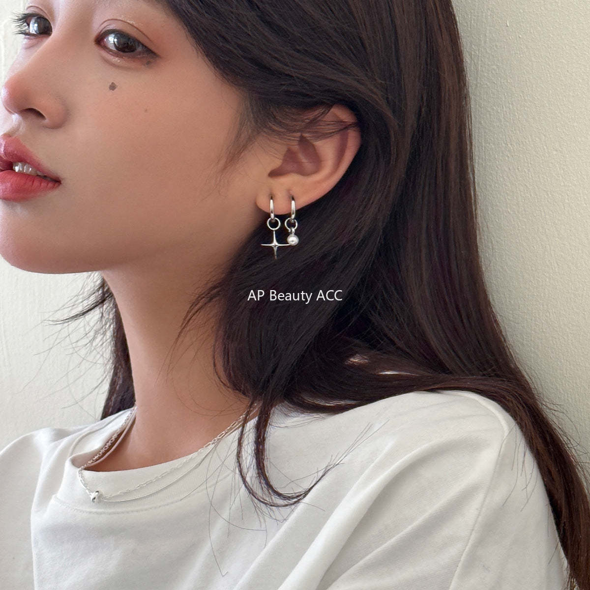 A관 - 925 은침 사각 별 진주 펜던트 언밸런스 귀걸이 [EH-2386] 25.01-3