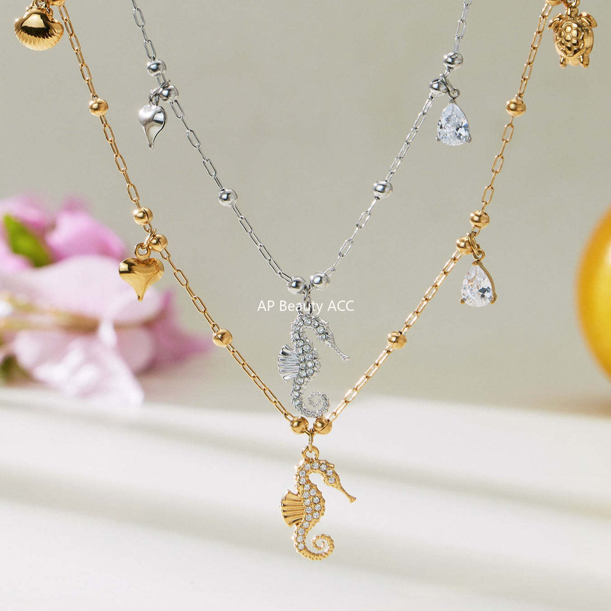 D관 - 스테인리스 스틸 해마 딸기 큐빅 펜던트 18K 도금 목걸이 [P755] 25.11-4