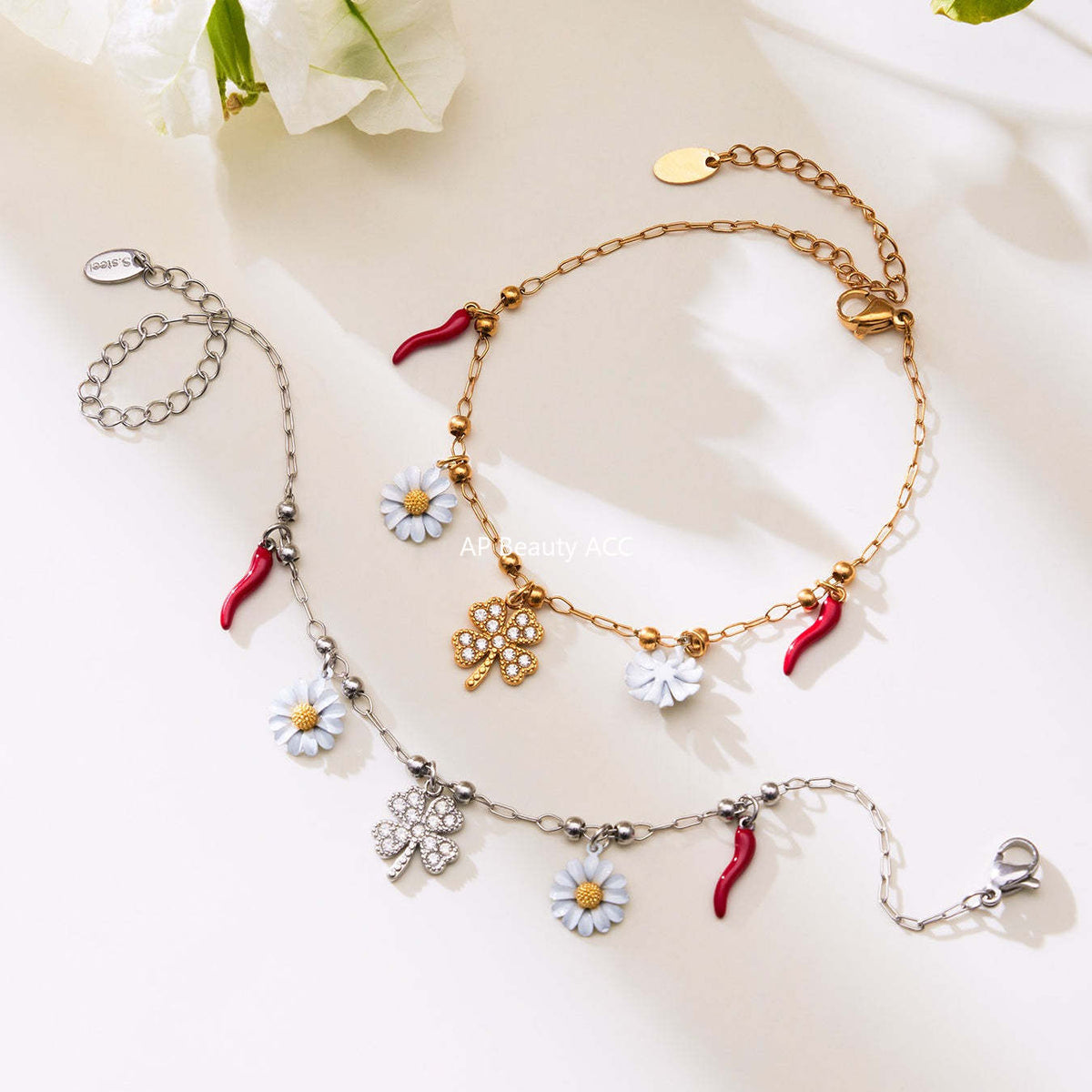 D관 - 스테인리스 스틸 네잎클로버 데이지 펜던트 큐빅 목걸이 팔찌 [TXP483] 25.11-4