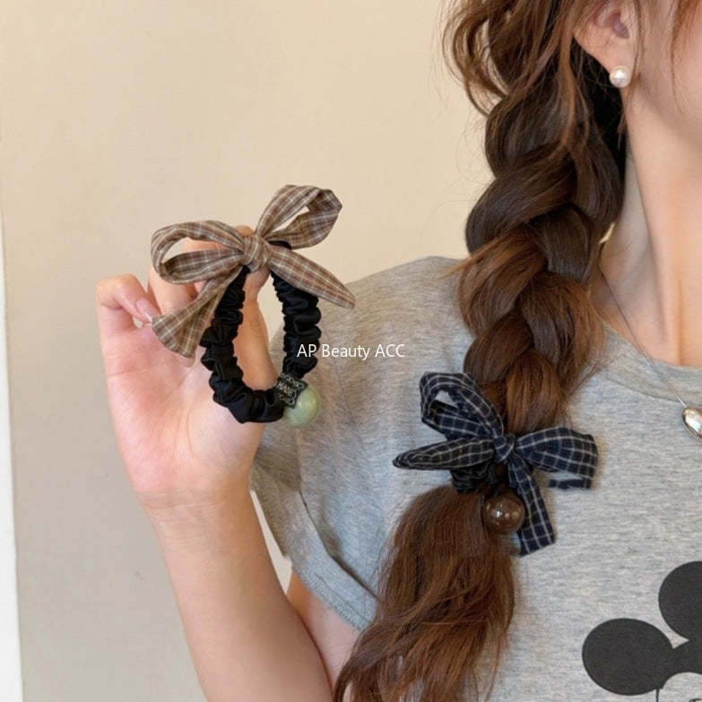 E관 - 체크 스트라이프 리본 방울 곱창 헤어밴드 [27488] 25.09-4