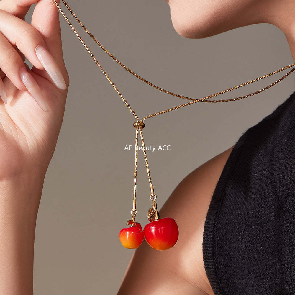 D관 - 큐빅 체리 펜던트 스테인리스 18K 도금 조절형 목걸이 [P1366] 25.11-3