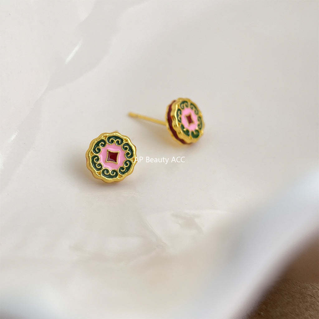 C관 - 14K 도금 925 은침 오일 페인팅 원형 귀걸이 [5452] 25.02-2