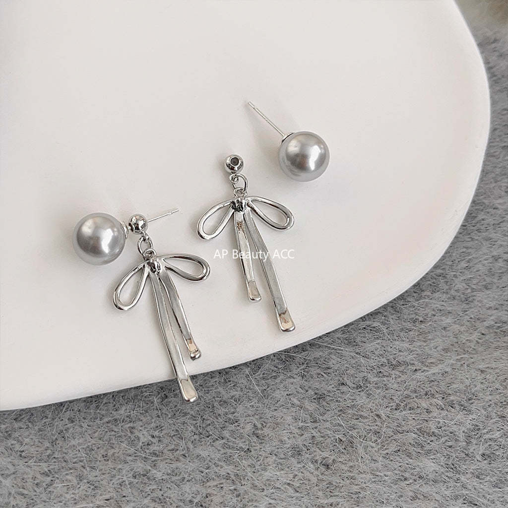 C관 - 진회색 진주 리본 디자인 2-way 착용 은침 귀걸이 [3561] 24.01-2