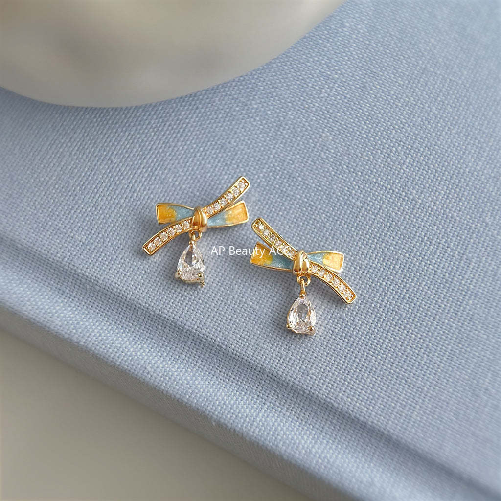 C관 - 큐빅 925 은침 14K 도금 핸드페인팅 리본 귀걸이 [6721] 25.09-4