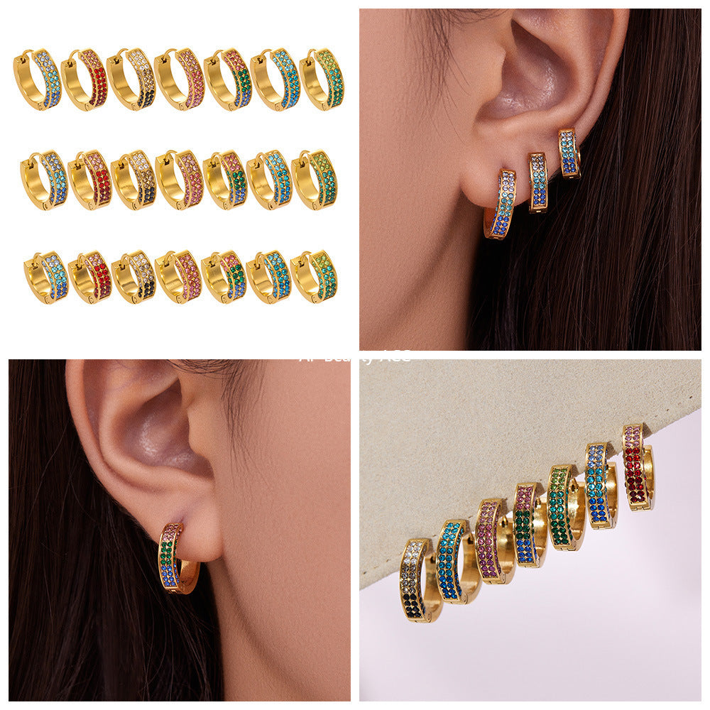 D관 - 스테인리스 컬러 큐빅 18K 도금 후프 링 귀걸이 [F930] 25.11-2