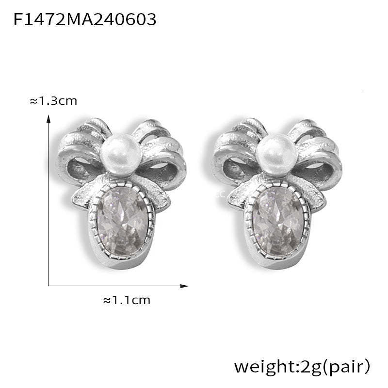 D관 - 티타늄 스틸 18K 도금 자개 큐빅 포인트 리본 디자인 귀걸이 [F1472] 24.06-1