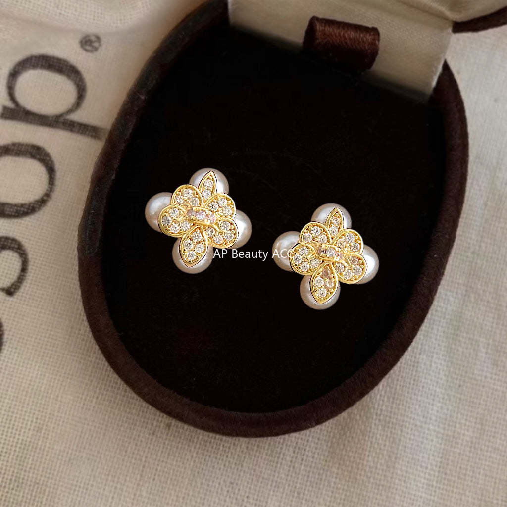 C관 - 플라워 진주 큐빅 925 은침 귀걸이 [7234] 25.12-2