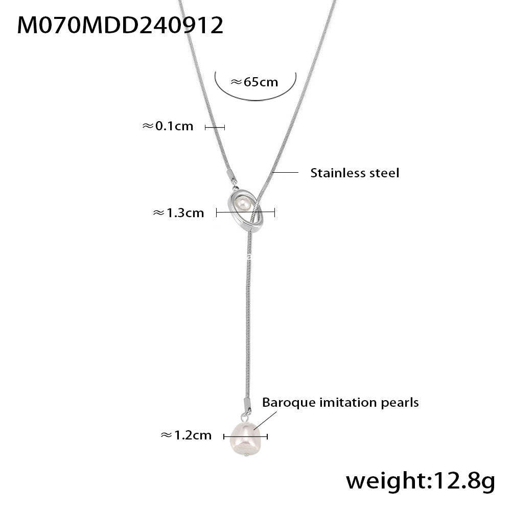 D관 - 프렌치 캐주얼 럭셔리 태슬 모조 진주 롱 드로우 스트링 스테인리스 스틸 목걸이 [M070] 24.09-3
