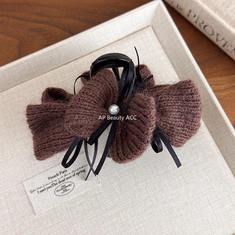 E관 - 털실 니트 진주 리본 디자인 집게핀 [27667] 25.11-2