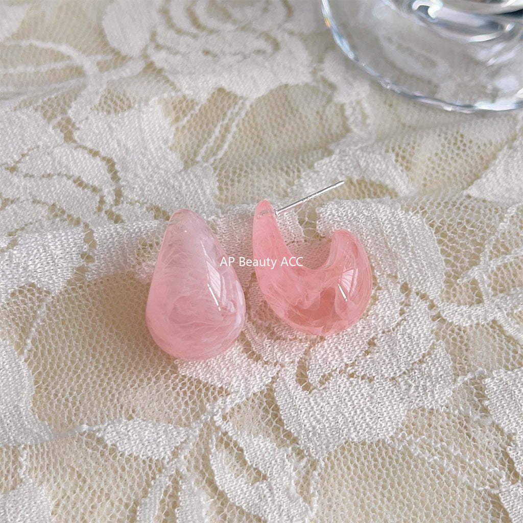 C관 - 봄 느낌 소녀 감성 핑크 수지 기하학 물방울 귀걸이 [3764-3765] 24.04-1